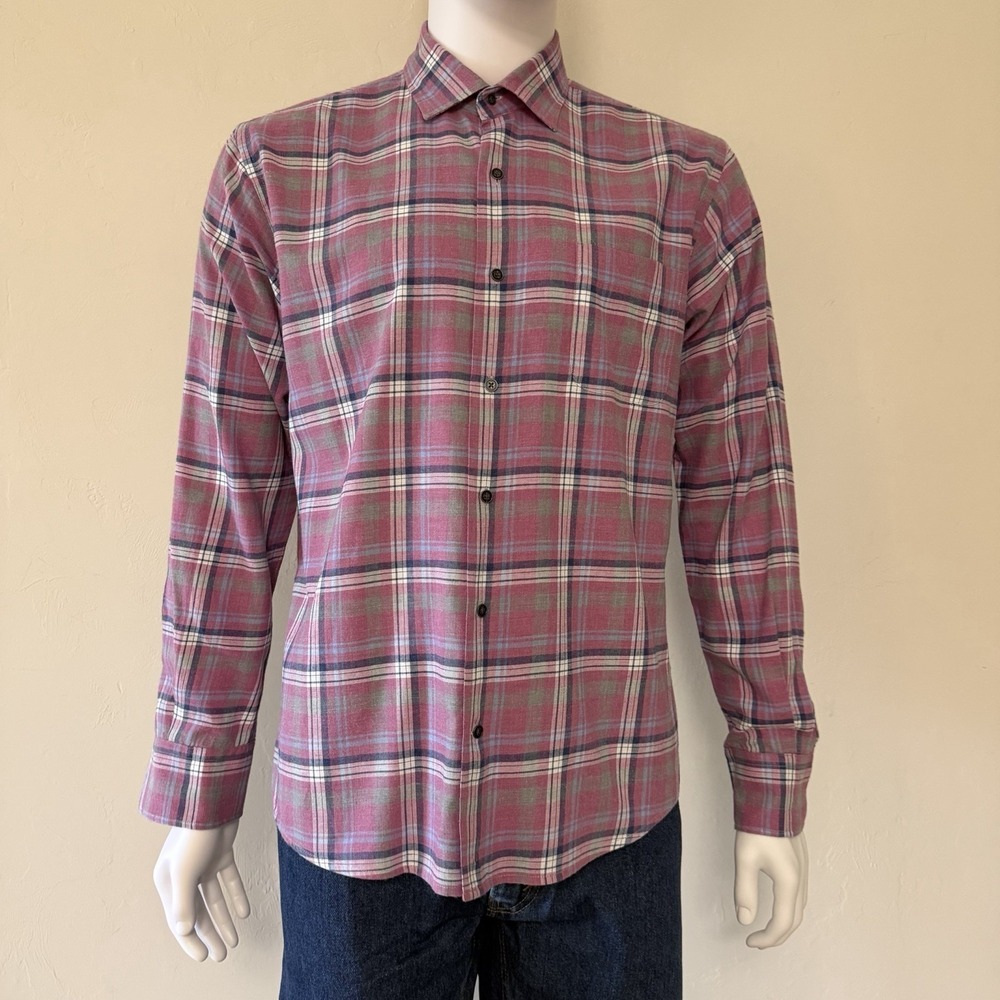 Peter Millar Pink Blue Plaid Cotton Button-Up Men Shirt Size M Long Sleeve